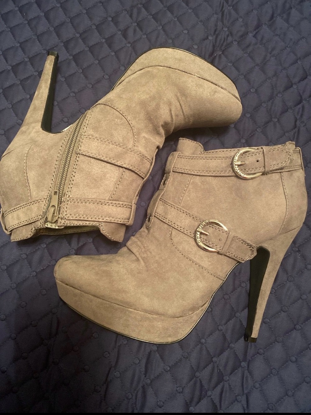 G by Guess Women's Grey High Heel Ankle Booties with Buckle Detail
